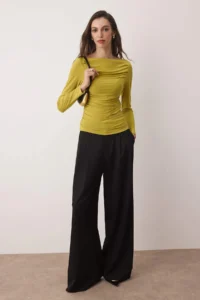 TRENDYOLMİLLA Oil Green Boat Neck Draped Flexible Knitting Blouse - Image 2