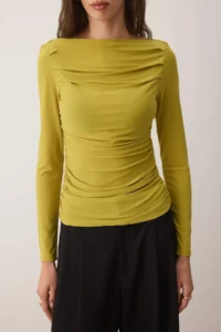 TRENDYOLMİLLA Oil Green Boat Neck Draped Flexible Knitting Blouse - Image 3