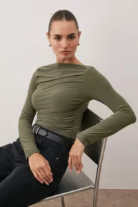 TRENDYOLMİLLA Khaki Boat Neck Draped Flexible Knitting Blouse - Image 2