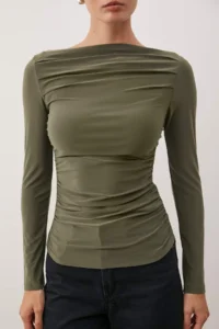 TRENDYOLMİLLA Khaki Boat Neck Draped Flexible Knitting Blouse - Image 3