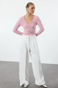 TRENDYOLMİLLA Powder Pink Ruffle/Drape Detailed V-neck Fitted Flexible Knitting Blouse - Image 2