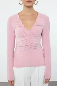 TRENDYOLMİLLA Powder Pink Ruffle/Drape Detailed V-neck Fitted Flexible Knitting Blouse - Image 3