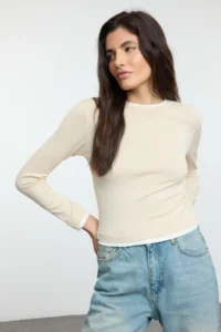 TRENDYOLMİLLA Stone Color Blocked Fitted Viscose/Soft Fabric Flexible Knitting Blouse