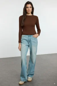 TRENDYOLMİLLA Brown Color Block Fitted Viscose/Soft Fabric Flexible Knitting Blouse