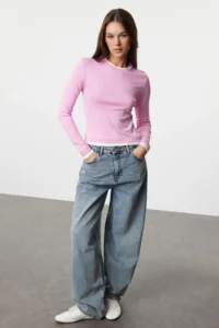 TRENDYOLMİLLA Pink Color Block Fitted Viscose/Soft Fabric Flexible Knitting Blouse - Image 2