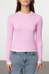 TRENDYOLMİLLA Pink Color Block Fitted Viscose/Soft Fabric Flexible Knitting Blouse - Image 3