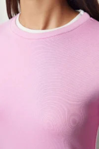 TRENDYOLMİLLA Pink Color Block Fitted Viscose/Soft Fabric Flexible Knitting Blouse - Image 4