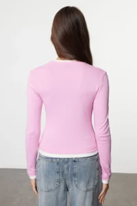TRENDYOLMİLLA Pink Color Block Fitted Viscose/Soft Fabric Flexible Knitting Blouse - Image 5