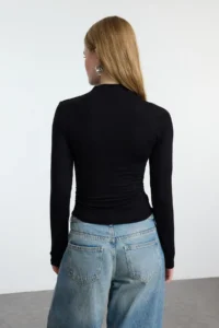 TRENDYOLMİLLA Black Fitted Drape Detailed Dog collar Knitting Blouse - Image 5