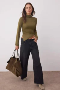 TRENDYOLMİLLA Khaki Fitted Drape Detailed Dog collar Knitting Blouse - Image 2