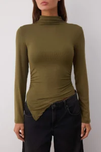 TRENDYOLMİLLA Khaki Fitted Drape Detailed Dog collar Knitting Blouse - Image 3