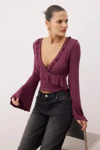 TRENDYOLMİLLA Plum wrap Knitwear look Spanish Arm Regular/Normal Pattern Knitting Blouse - Image 2