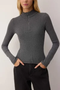 TRENDYOLMİLLA Anthracite Fitted Zippered Collar Flexible Knitting Blouse - Image 3
