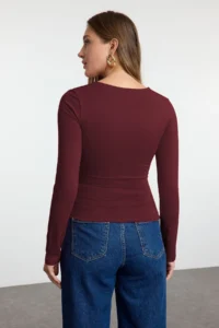 TRENDYOLMİLLA Dark Burgundy Square Neck Drape Detailed Fitted Knitting Blouse - Image 3