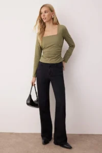 TRENDYOLMİLLA Khaki Square Neck Gathering/Drape Detailed slim/Fitting Knitting Blouse