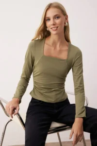 TRENDYOLMİLLA Khaki Square Neck Gathering/Drape Detailed slim/Fitting Knitting Blouse - Image 2