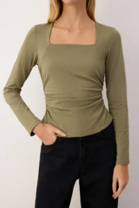 TRENDYOLMİLLA Khaki Square Neck Gathering/Drape Detailed slim/Fitting Knitting Blouse - Image 3
