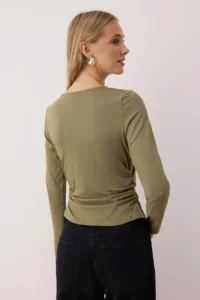 TRENDYOLMİLLA Khaki Square Neck Gathering/Drape Detailed slim/Fitting Knitting Blouse - Image 4