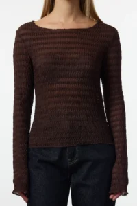 TRENDYOLMİLLA Brown Fitted textured Tulle Flexible Knitting Blouse - Image 4