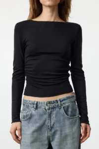 TRENDYOLMİLLA Black Viscose/Soft Fabric Fitted Ruffle/Drape Detailed Boat Neck Flexible Knitting Blouse - Image 4
