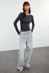 TRENDYOLMİLLA Anthracite Viscose/Soft Fabric Fitted Gather/Drape Detailed Boat Neck Flexible Knitting Blouse - Image 2