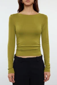 TRENDYOLMİLLA Oil Green Fitted Flexible Knitting Blouse - Image 2