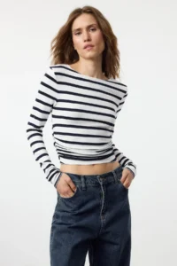 TRENDYOLMİLLA Navy Blue*001 Striped Fitted Flexible Knitting Blouse