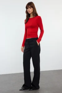 TRENDYOLMİLLA Rejection Viscose/Soft Fabric Fitted Gathering/Drape Detailed Boat Neck Flexible Knitting Blouse - Image 2