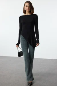 TRENDYOLMİLLA Black Viscose/Soft Fabric Asymmetric Flexible Knitting Blouse