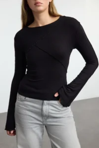 TRENDYOLMİLLA Black Rib Detailed Fitted Spanish Arm Knitting Blouse - Image 3
