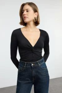 TRENDYOLMİLLA Black Drape Detailed Fitted Long Sleeve Flexible Knitting Blouse - Image 2