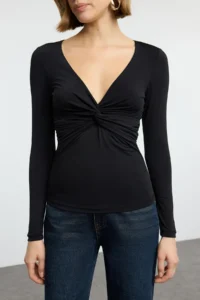TRENDYOLMİLLA Black Drape Detailed Fitted Long Sleeve Flexible Knitting Blouse - Image 3