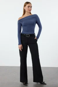 TRENDYOLMİLLA Indigo Drape Detailed Fitted Long Sleeve Flexible Knitting Blouse - Image 2