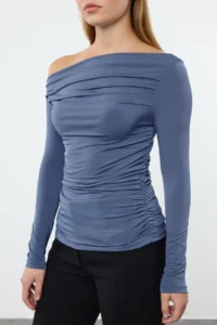 TRENDYOLMİLLA Indigo Drape Detailed Fitted Long Sleeve Flexible Knitting Blouse - Image 4