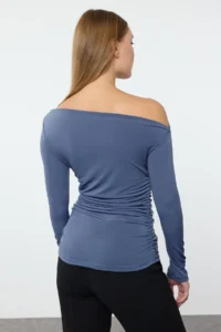 TRENDYOLMİLLA Indigo Drape Detailed Fitted Long Sleeve Flexible Knitting Blouse - Image 5