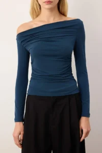 TRENDYOLMİLLA Petrol Blue Blue Blue Drape Detailed Fitted Long Sleeve Flexible Knitting Blouse - Image 3