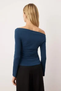 TRENDYOLMİLLA Petrol Blue Blue Blue Drape Detailed Fitted Long Sleeve Flexible Knitting Blouse - Image 4