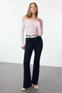 TRENDYOLMİLLA Pink Ruffle/Drape Detailed Fitted Long Sleeve Flexible Knitting Blouse - Image 2