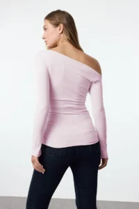 TRENDYOLMİLLA Pink Ruffle/Drape Detailed Fitted Long Sleeve Flexible Knitting Blouse - Image 5