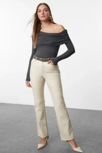 TRENDYOLMİLLA Anthracite Asymmetric Collar Fitted Flexible Knitting Blouse - Image 2