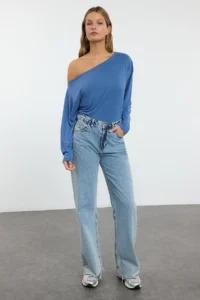 TRENDYOLMİLLA More Sustainable Indigo Modal Boat Neck relaxed/Comfortable Cut Knitting Blouse - Image 2