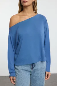 TRENDYOLMİLLA More Sustainable Indigo Modal Boat Neck relaxed/Comfortable Cut Knitting Blouse - Image 3