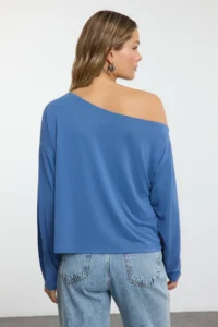 TRENDYOLMİLLA More Sustainable Indigo Modal Boat Neck relaxed/Comfortable Cut Knitting Blouse - Image 5