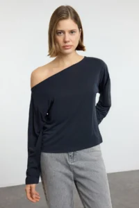 TRENDYOLMİLLA Anthracite Modal More Sustainable Boat Neck relaxed/Comfortable Cut Knitting Blouse - Image 2