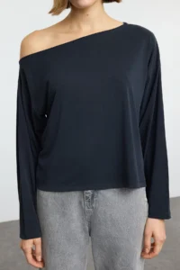 TRENDYOLMİLLA Anthracite Modal More Sustainable Boat Neck relaxed/Comfortable Cut Knitting Blouse - Image 3