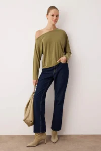 TRENDYOLMİLLA More Sustainable Green Modal Boat Neck relaxed/Comfortable Cut Knitting Blouse - Image 2