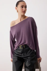 TRENDYOLMİLLA More Sustainable Plum Modal Boat Neck relaxed/Comfortable Cut Knitting Blouse - Image 2
