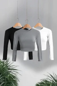 TRENDYOLMİLLA Black-White-Anthracite 3 Sets Package Crop Fitted/Body-Fitting Knitting Blouse