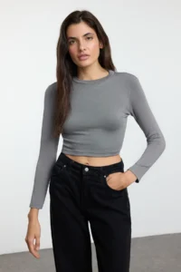 TRENDYOLMİLLA Black-White-Anthracite 3 Sets Package Crop Fitted/Body-Fitting Knitting Blouse - Image 3
