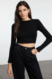 TRENDYOLMİLLA Black-White-Anthracite 3 Sets Package Crop Fitted/Body-Fitting Knitting Blouse - Image 4